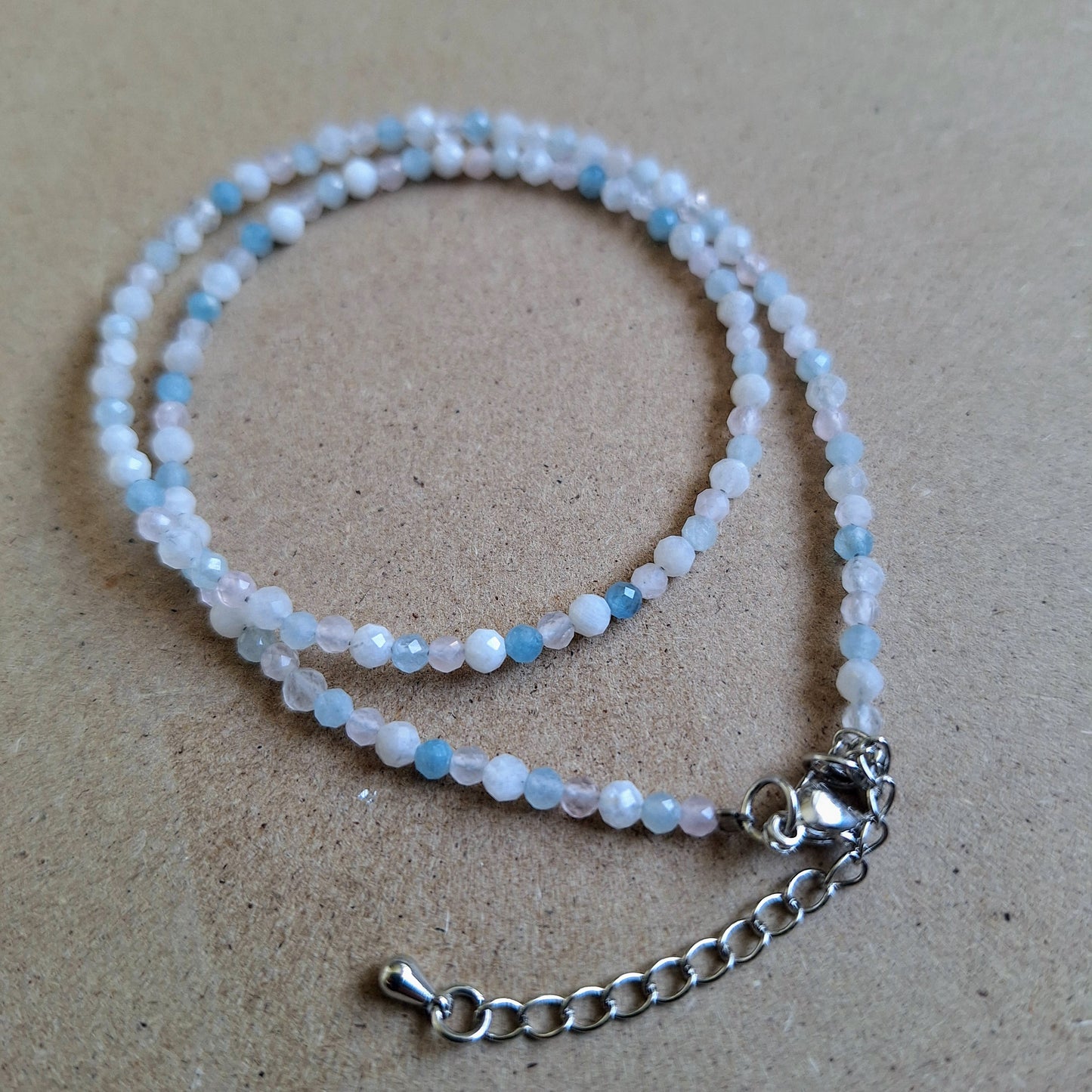 Aquamarine Moonstone and Rose Quartz Choker 3mm faceted beads