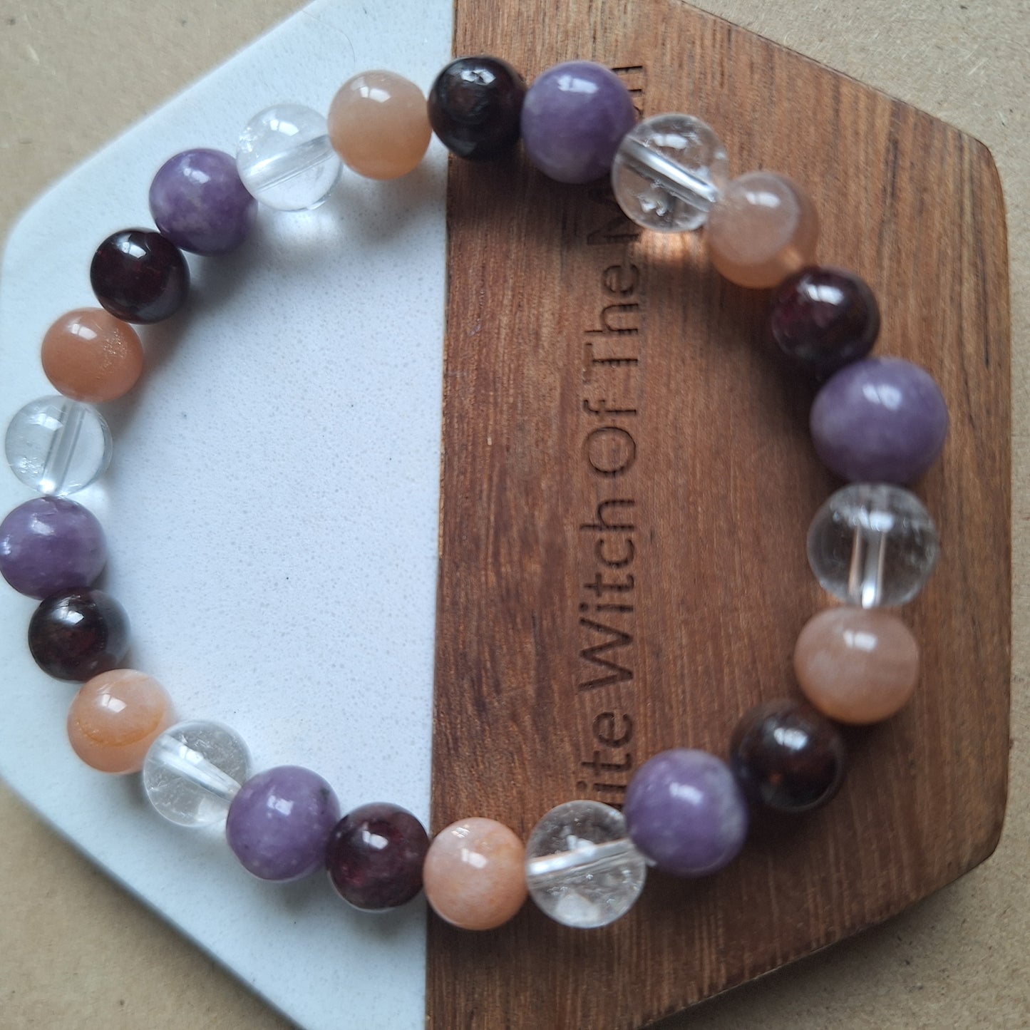 Menopause bracelet moonstone Garnet clear quartz and.lepidolite