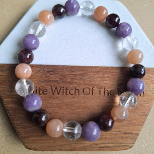 Menopause bracelet moonstone Garnet clear quartz and.lepidolite