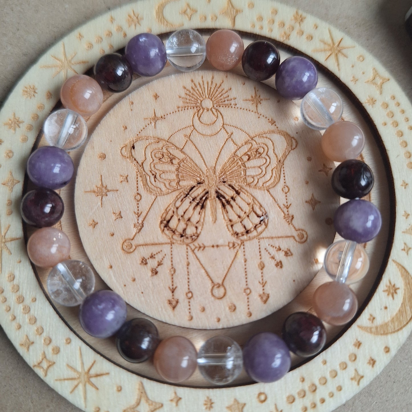 Menopause bracelet moonstone Garnet clear quartz and.lepidolite