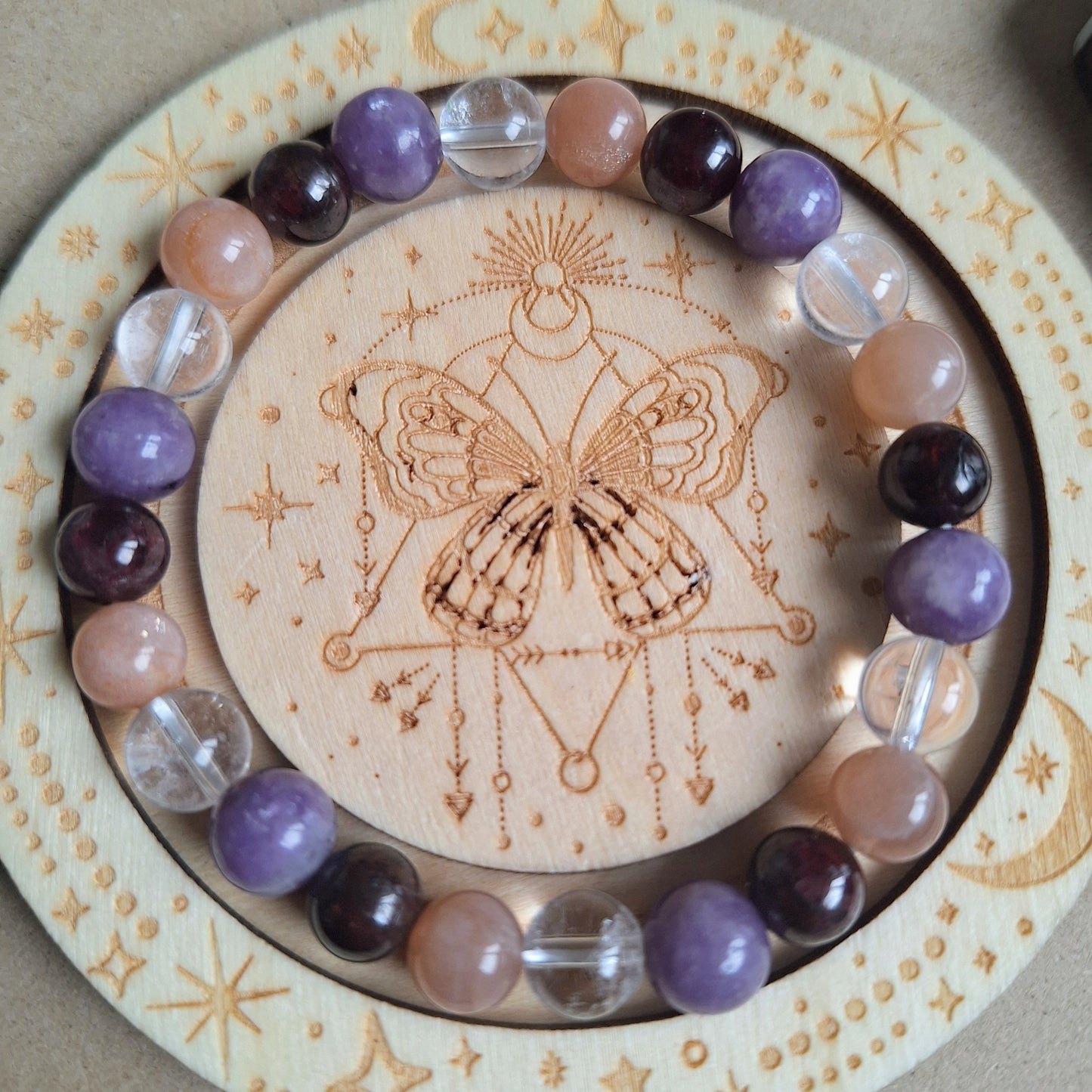 Menopause bracelet moonstone Garnet clear quartz and.lepidolite