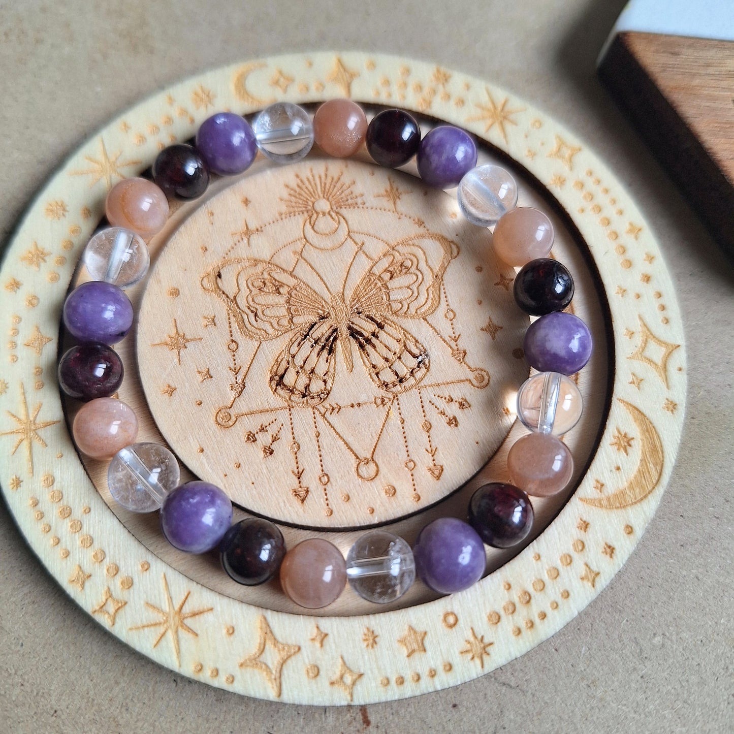 Menopause bracelet moonstone Garnet clear quartz and.lepidolite