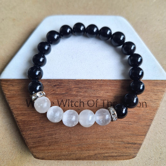 Black Tourmaline and Selenite Bracelet crystal healing natural stone Root Chakra Grounding jewellery gift for him or her