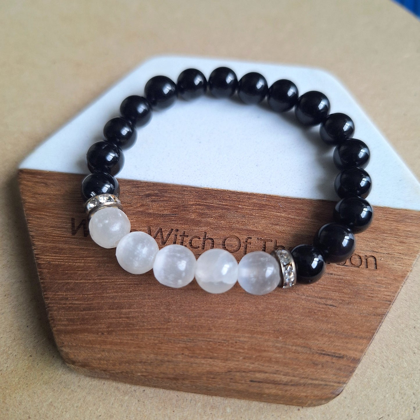 Black Tourmaline and Selenite Bracelet crystal healing natural stone Root Chakra Grounding jewellery gift for him or her