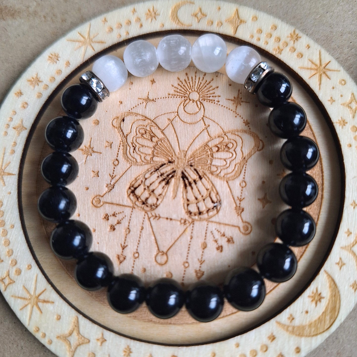 Black Tourmaline and Selenite Bracelet crystal healing natural stone Root Chakra Grounding jewellery gift for him or her