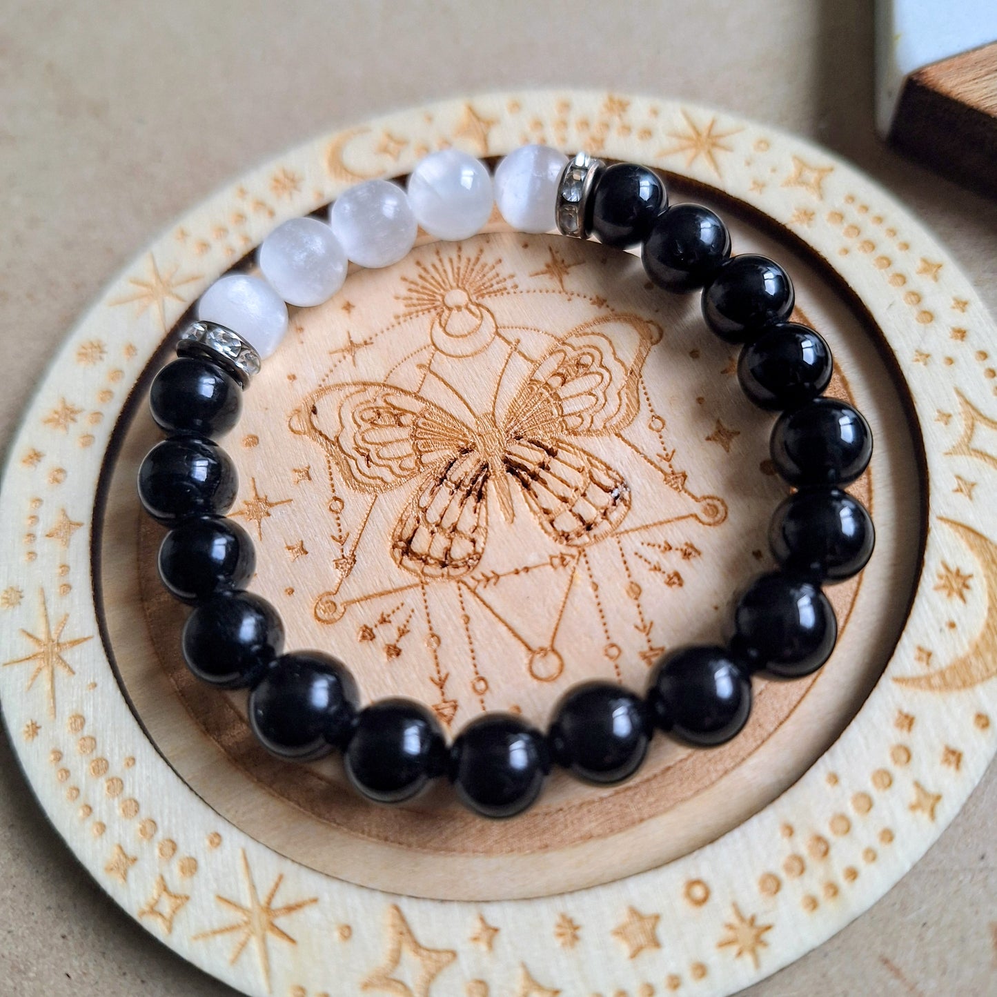 Black Tourmaline and Selenite Bracelet crystal healing natural stone Root Chakra Grounding jewellery gift for him or her