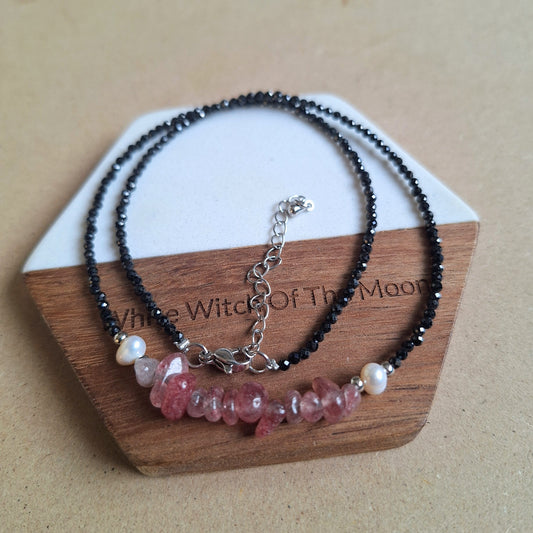 Strawberry Quartz and black tourmaline choker necklace everyday witch collection