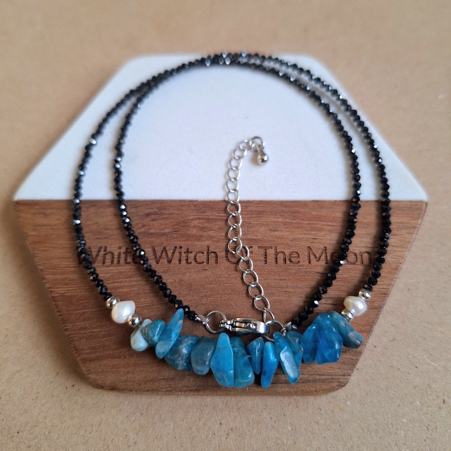 Apatite and black tourmaline choker pearl necklace minimalist crystal healing natural stone jewellery