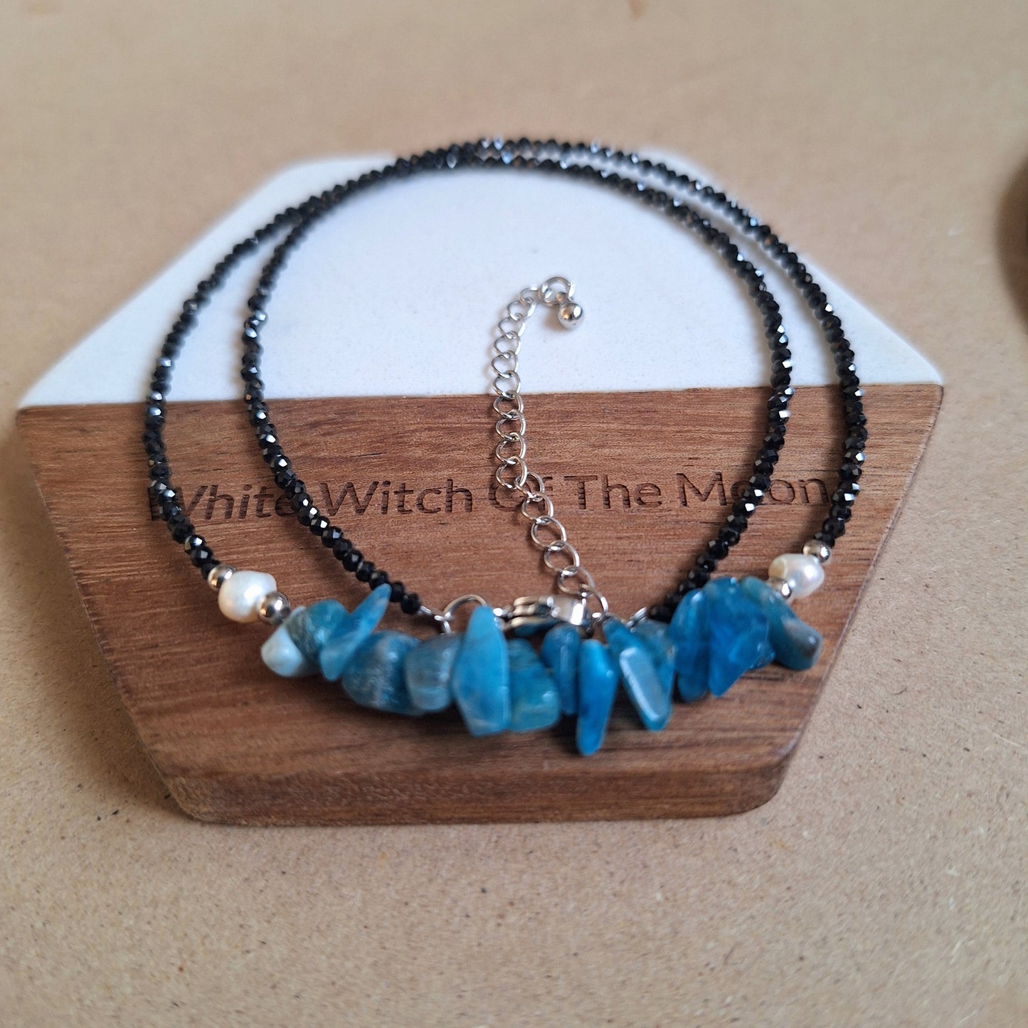 Apatite and black tourmaline choker pearl necklace minimalist crystal healing natural stone jewellery