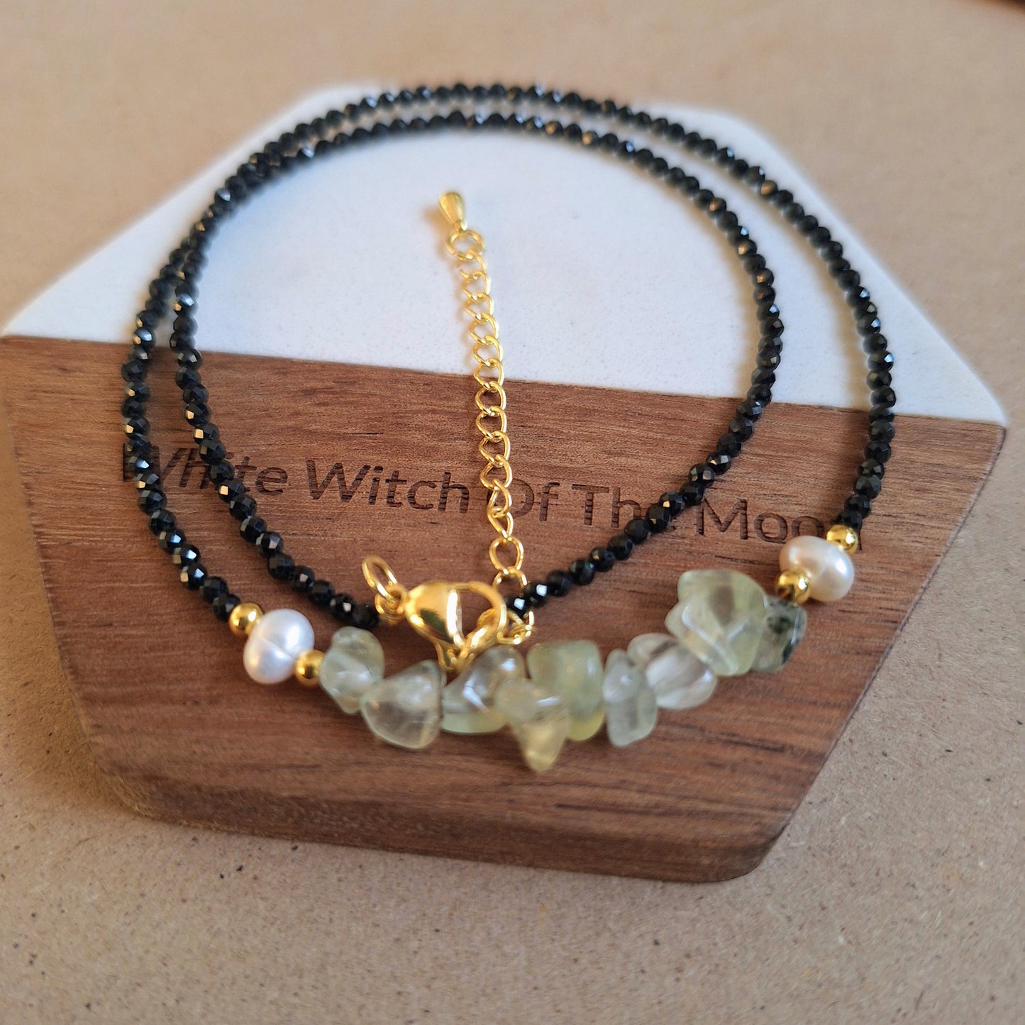 Prehnite and black tourmaline choker pearl necklace