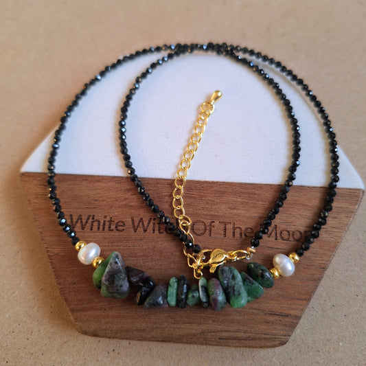 Ruby Zoisite Choker and Black Tourmaline 16-18" adjustable