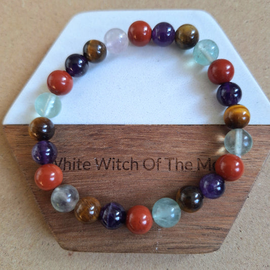 Willpower Bracelet crystal healing natural stone tigers eye, red jasper, fluorite and amethyst gift for him or her