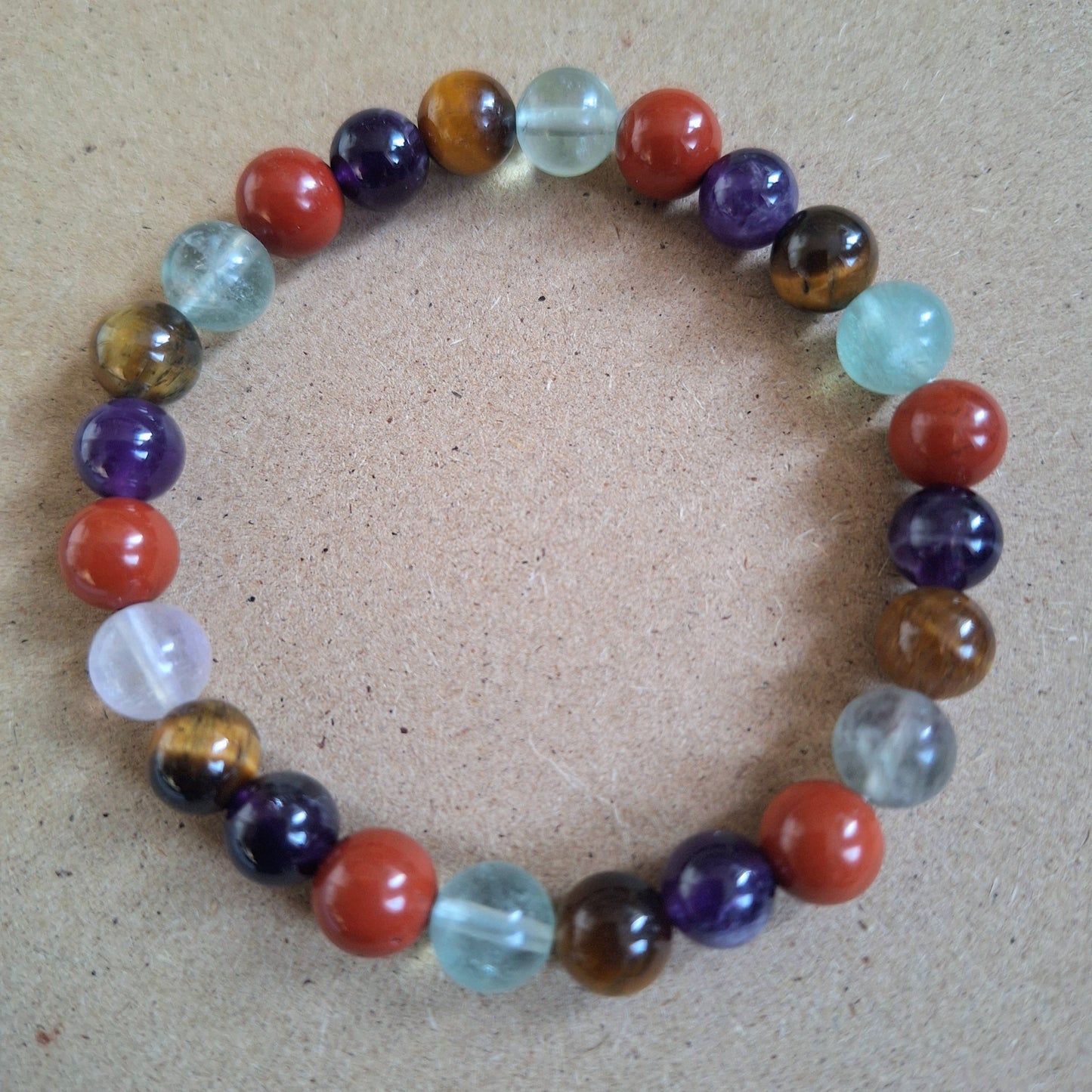 Willpower Bracelet crystal healing natural stone tigers eye, red jasper, fluorite and amethyst gift for him or her