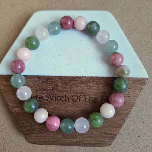 Heart Chakra Bracelet – Crystal Healing with Rose Quartz, Pink Opal, Green Aventurine & Rhodochrosite | 8mm Beads | Love & Emotional Healing
