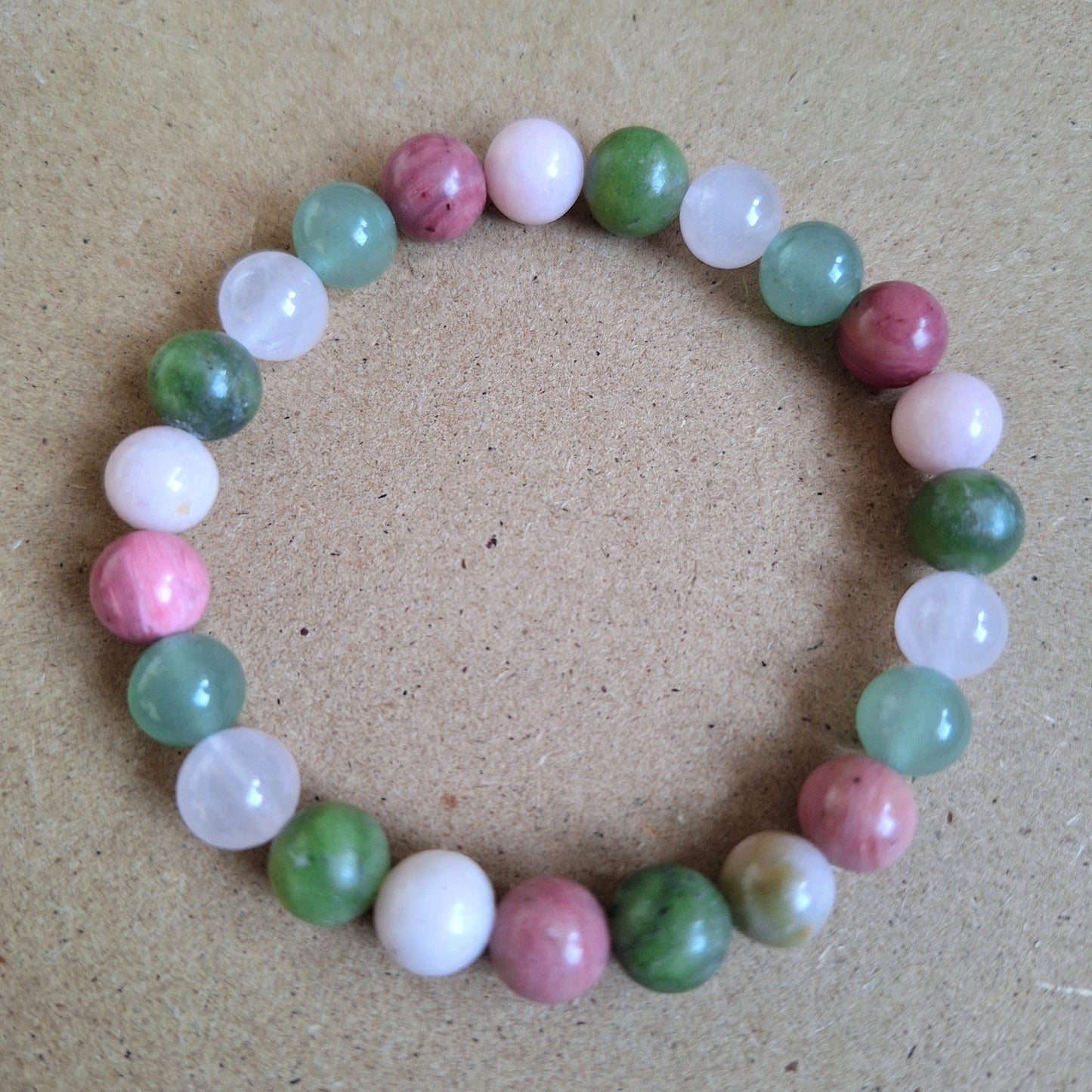 Heart Chakra Bracelet – Crystal Healing with Rose Quartz, Pink Opal, Green Aventurine & Rhodochrosite | 8mm Beads | Love & Emotional Healing
