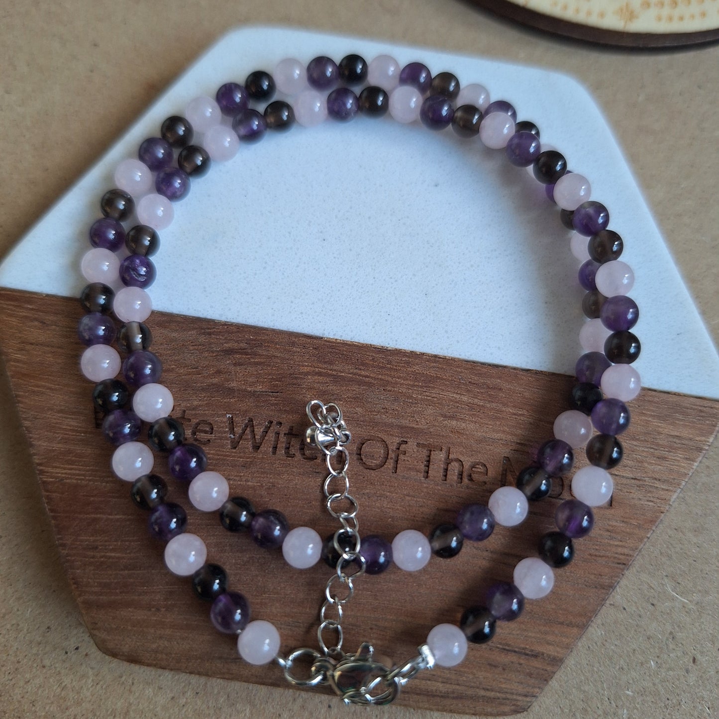 Stress and Anxiety choker or bracelet 4mm beads rose quartz smoky quartz and amethyst