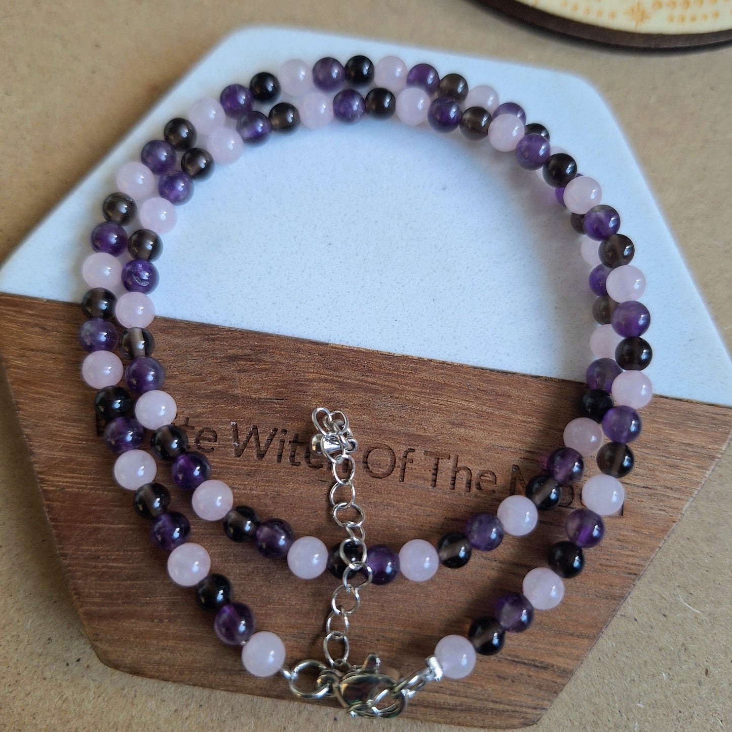 Stress and Anxiety choker or bracelet 4mm beads rose quartz smoky quartz and amethyst
