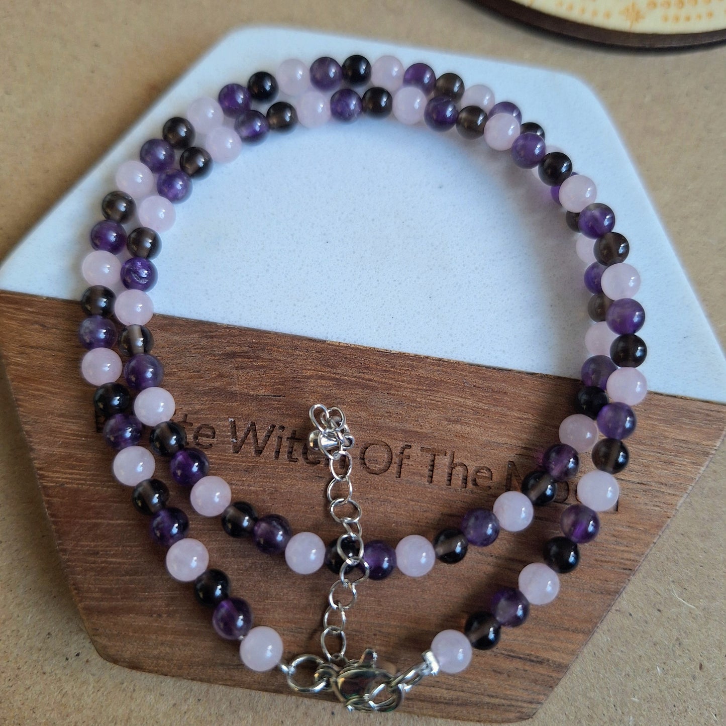 Stress and Anxiety choker or bracelet 4mm beads rose quartz smoky quartz and amethyst