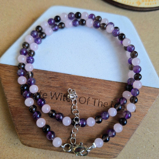 Stress and Anxiety choker or bracelet 4mm beads rose quartz smoky quartz and amethyst
