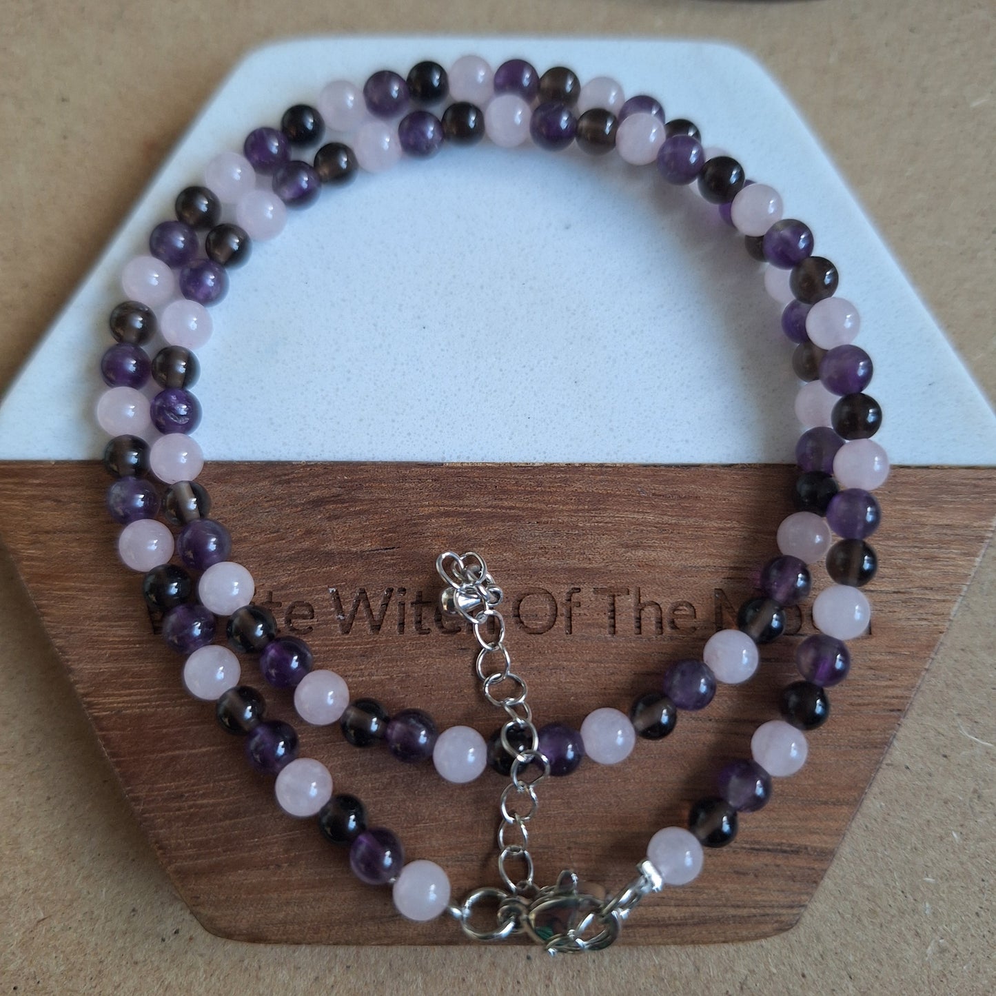 Stress and Anxiety choker or bracelet 4mm beads rose quartz smoky quartz and amethyst
