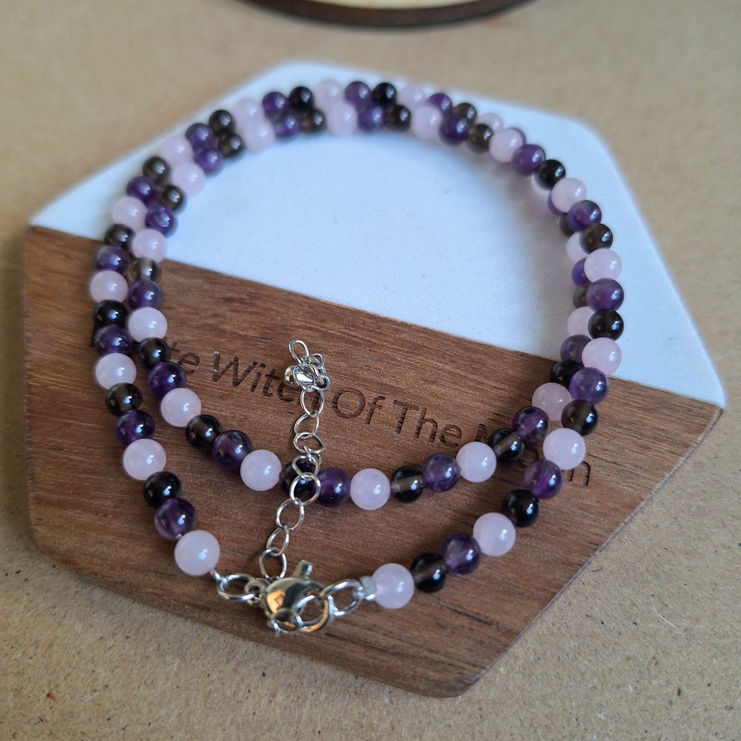 Stress and Anxiety choker or bracelet 4mm beads rose quartz smoky quartz and amethyst