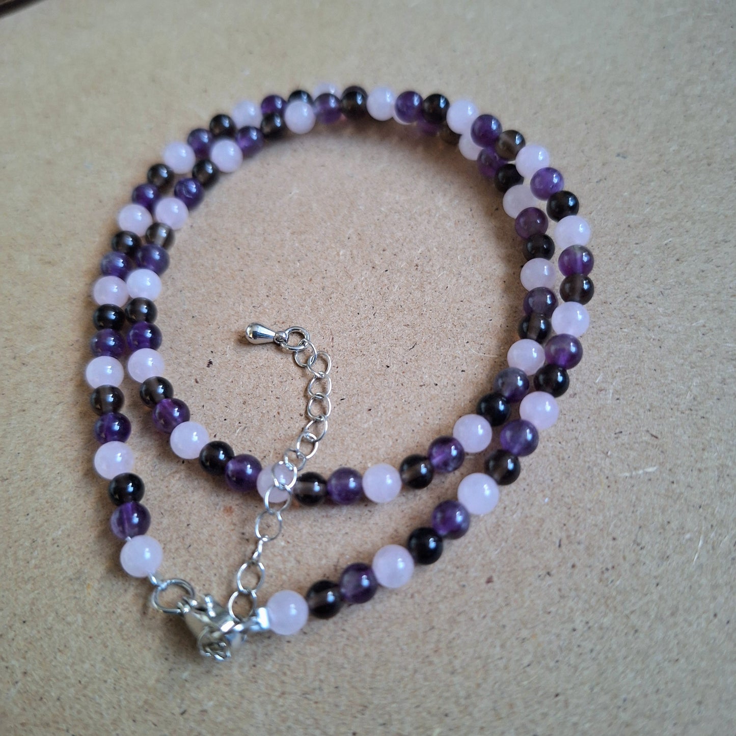Stress and Anxiety choker or bracelet 4mm beads rose quartz smoky quartz and amethyst