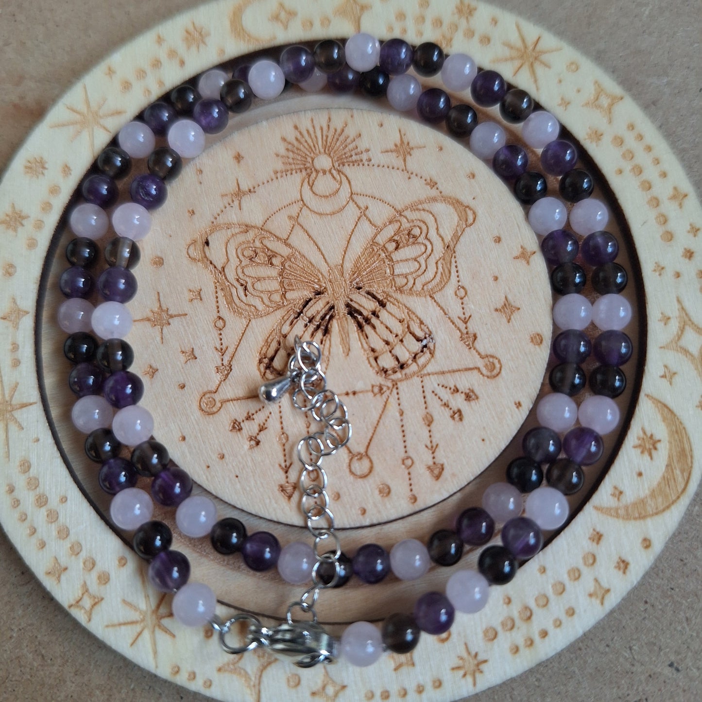 Stress and Anxiety choker or bracelet 4mm beads rose quartz smoky quartz and amethyst
