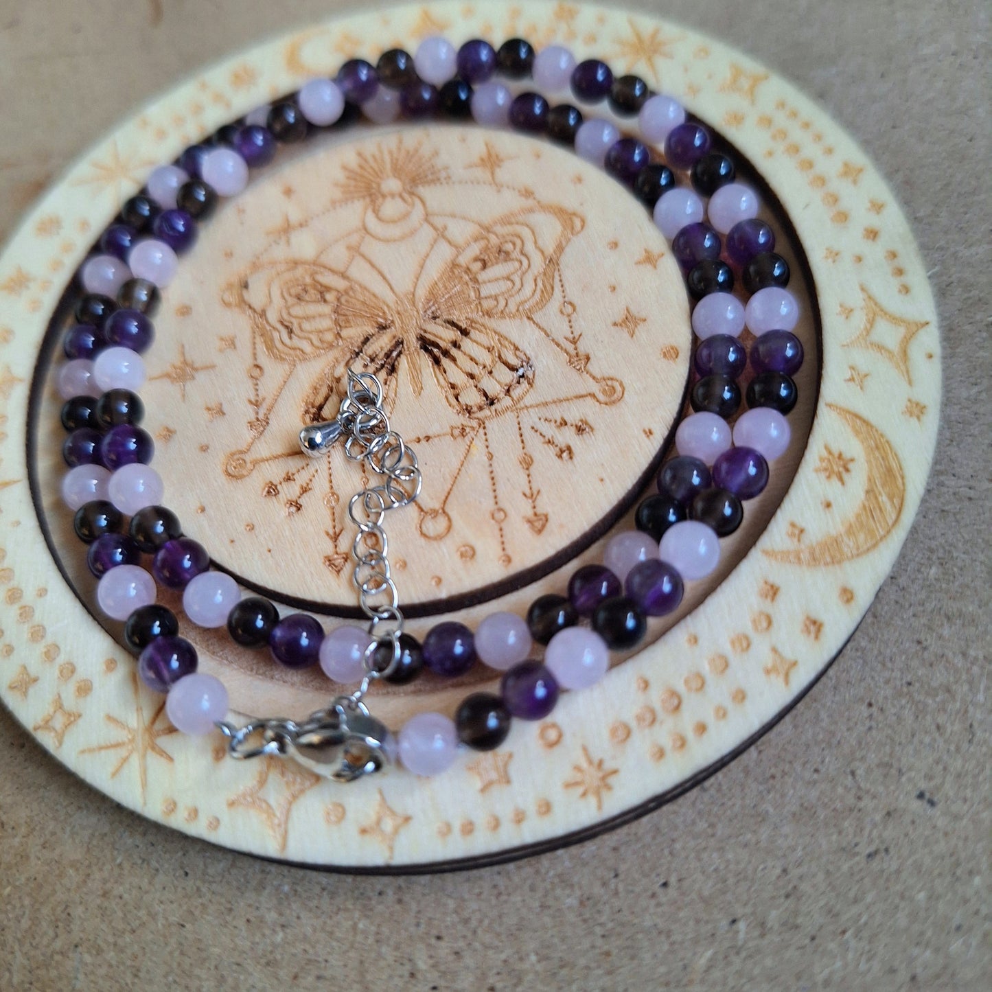 Stress and Anxiety choker or bracelet 4mm beads rose quartz smoky quartz and amethyst