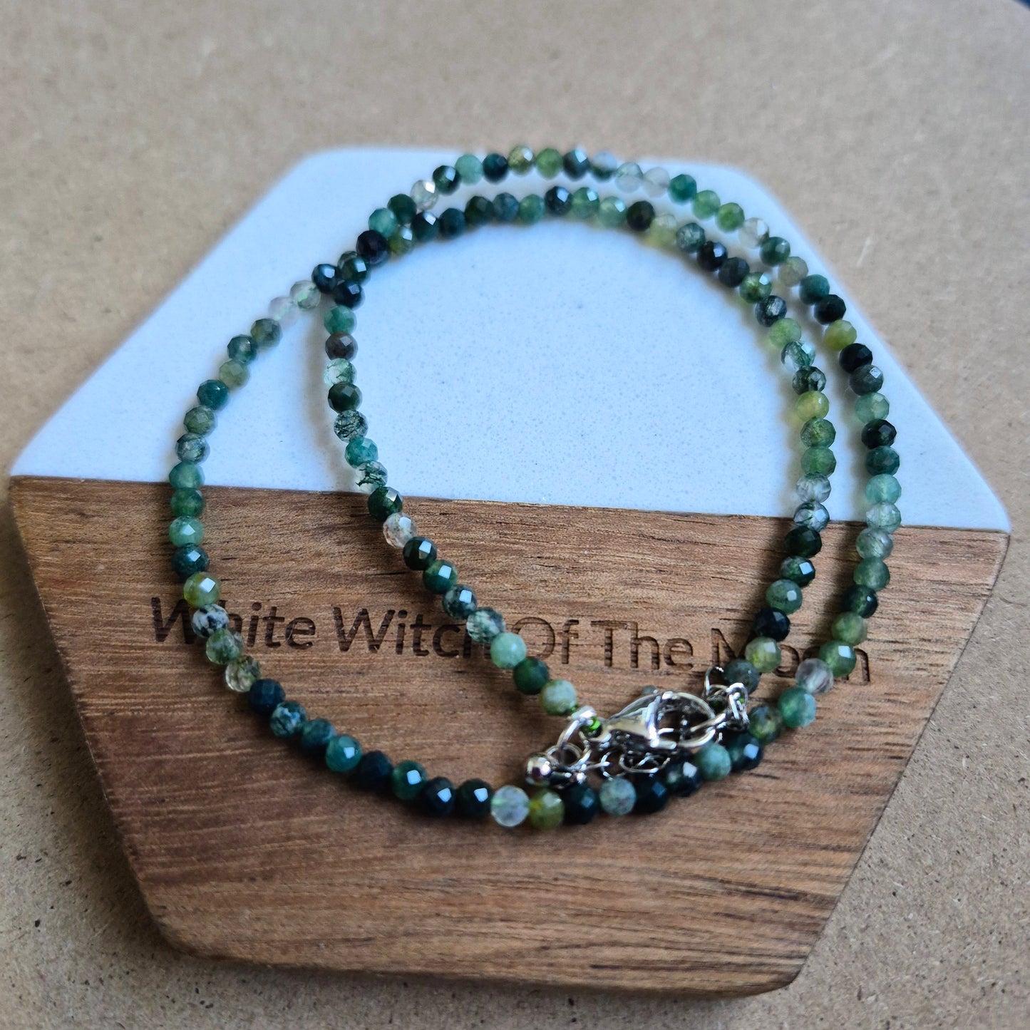 Green moss agate choker necklace 3mm faceted bead minimalist crystal healing natural stone