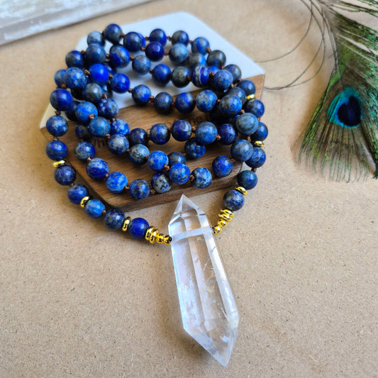 Lapis Lazuli knotted necklace with double terminated clear quartz Point
