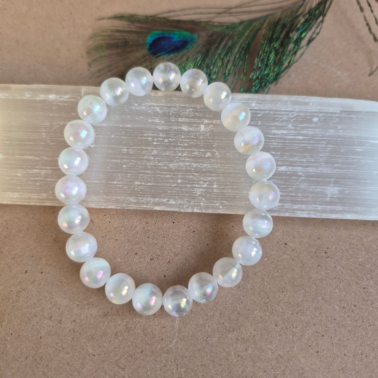 Selenite with aura 8mm bead bracelet