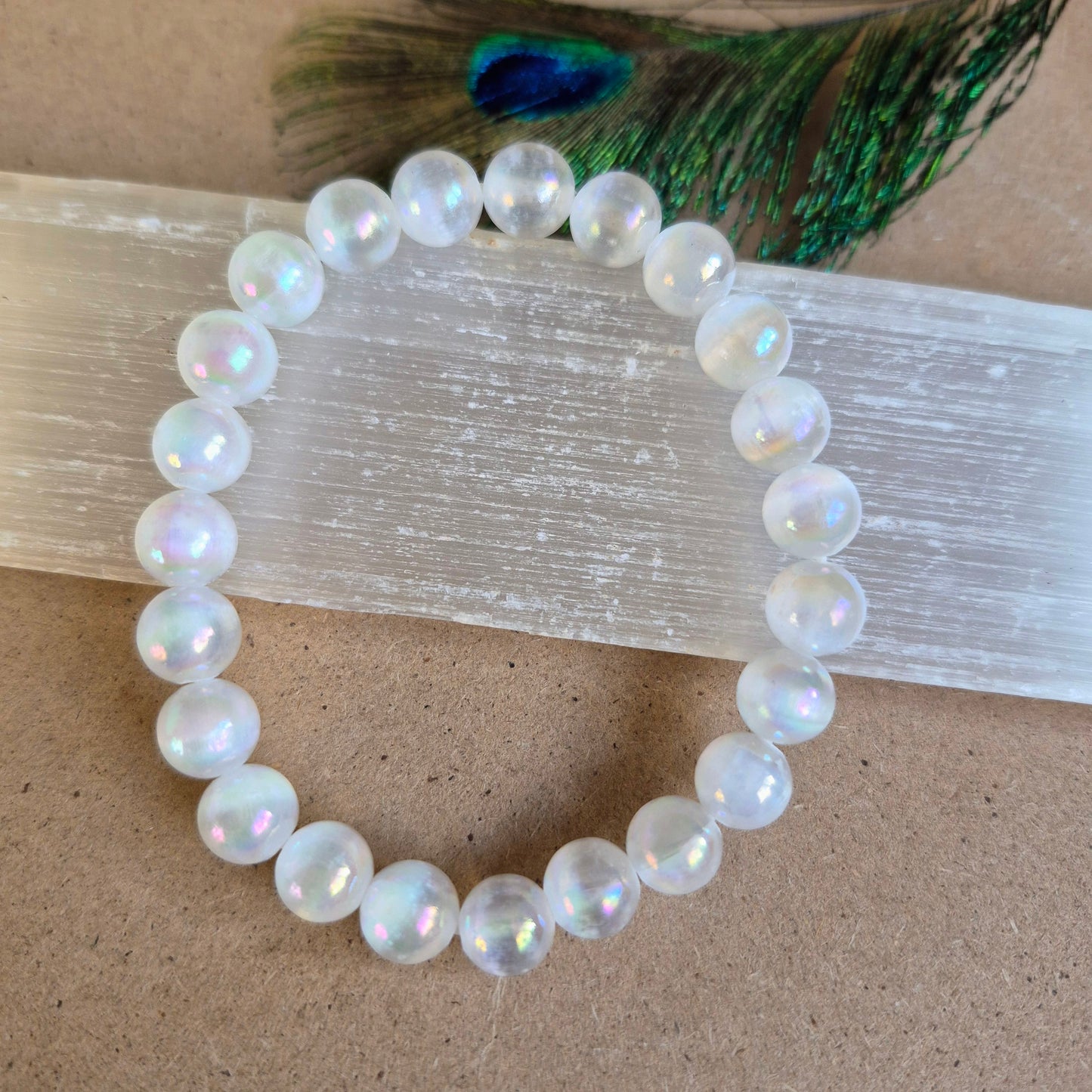 Selenite with aura 8mm bead bracelet