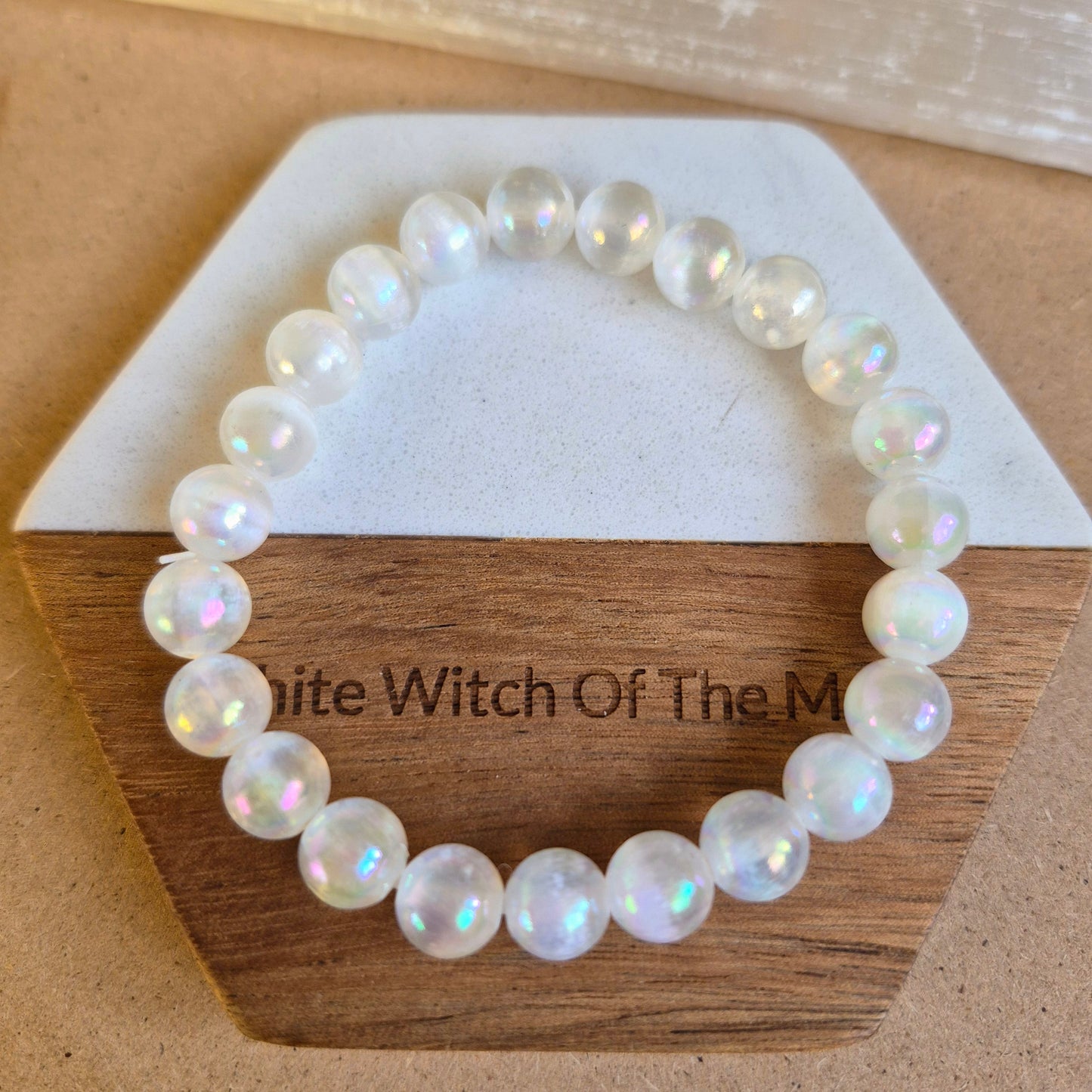 Selenite with aura 8mm bead bracelet