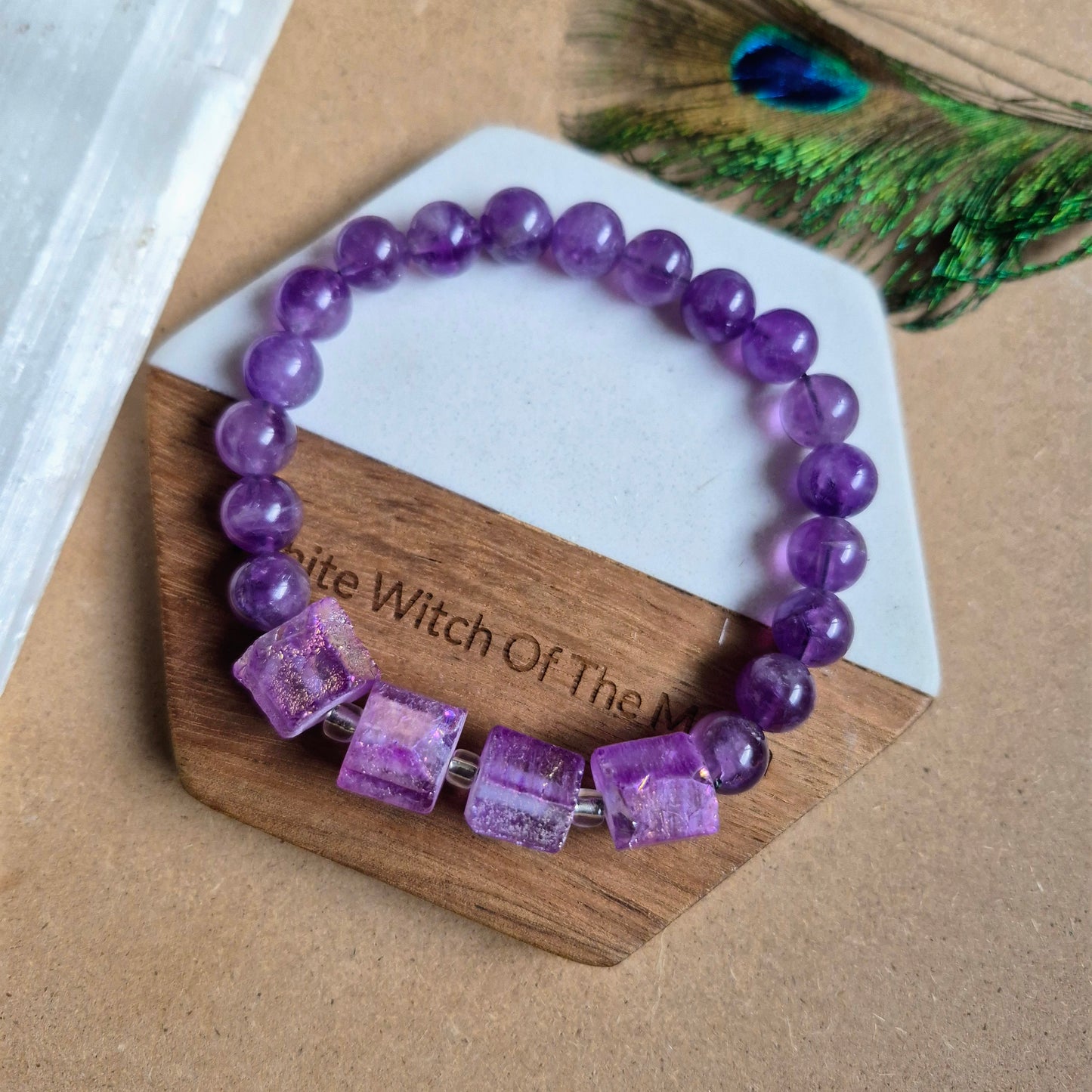 Raw Aura amethyst and 8mm amethyst bead bracelet