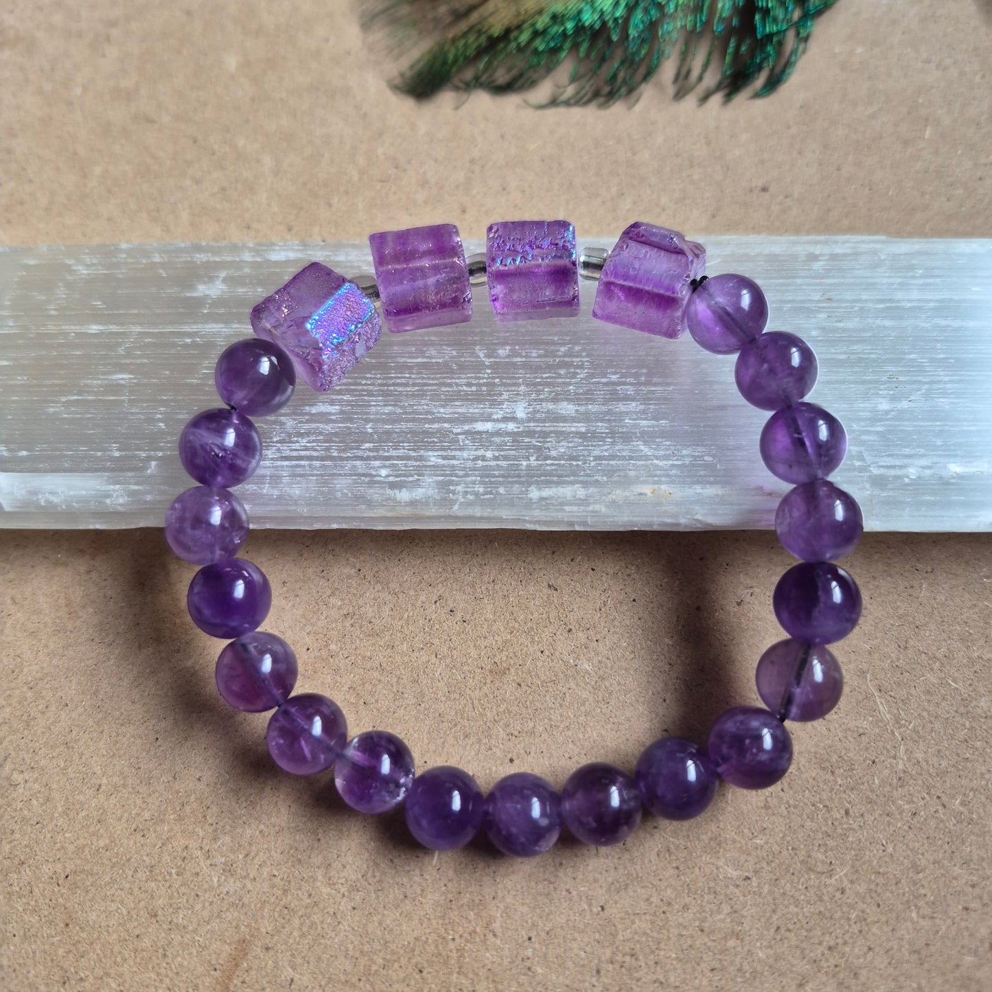 Raw Aura amethyst and 8mm amethyst bead bracelet