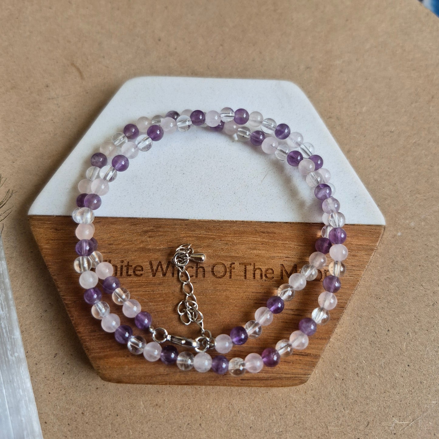 Golden Triangle choker rose quartz clear quartz and Amethyst
