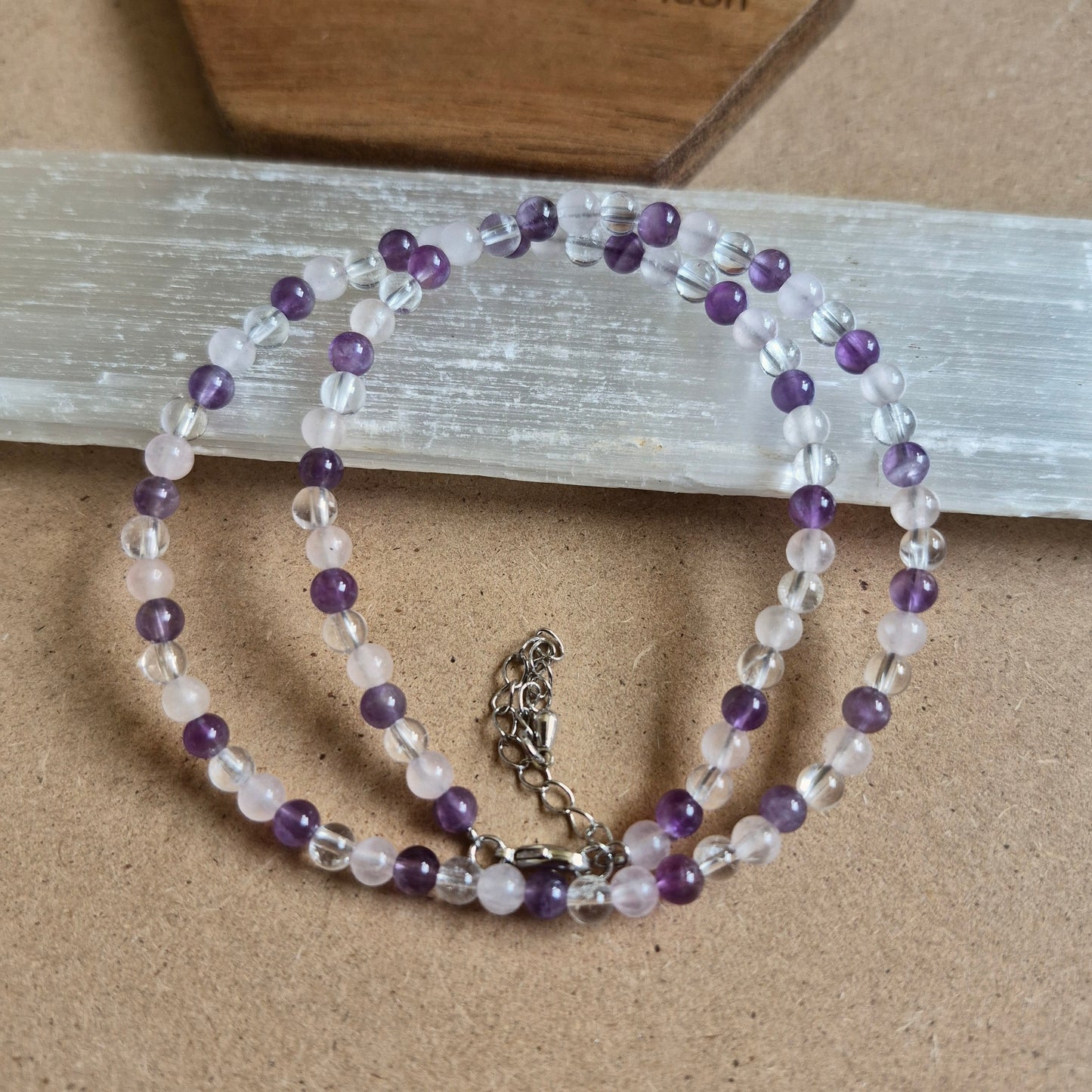 Golden Triangle choker rose quartz clear quartz and Amethyst