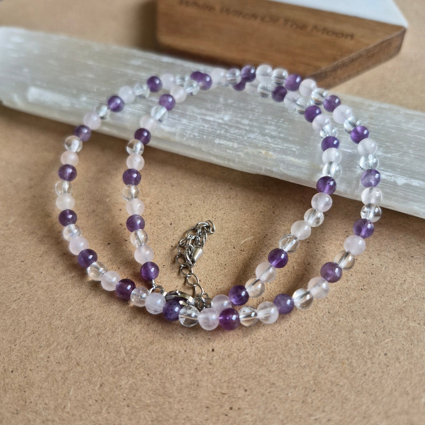 Golden Triangle choker rose quartz clear quartz and Amethyst