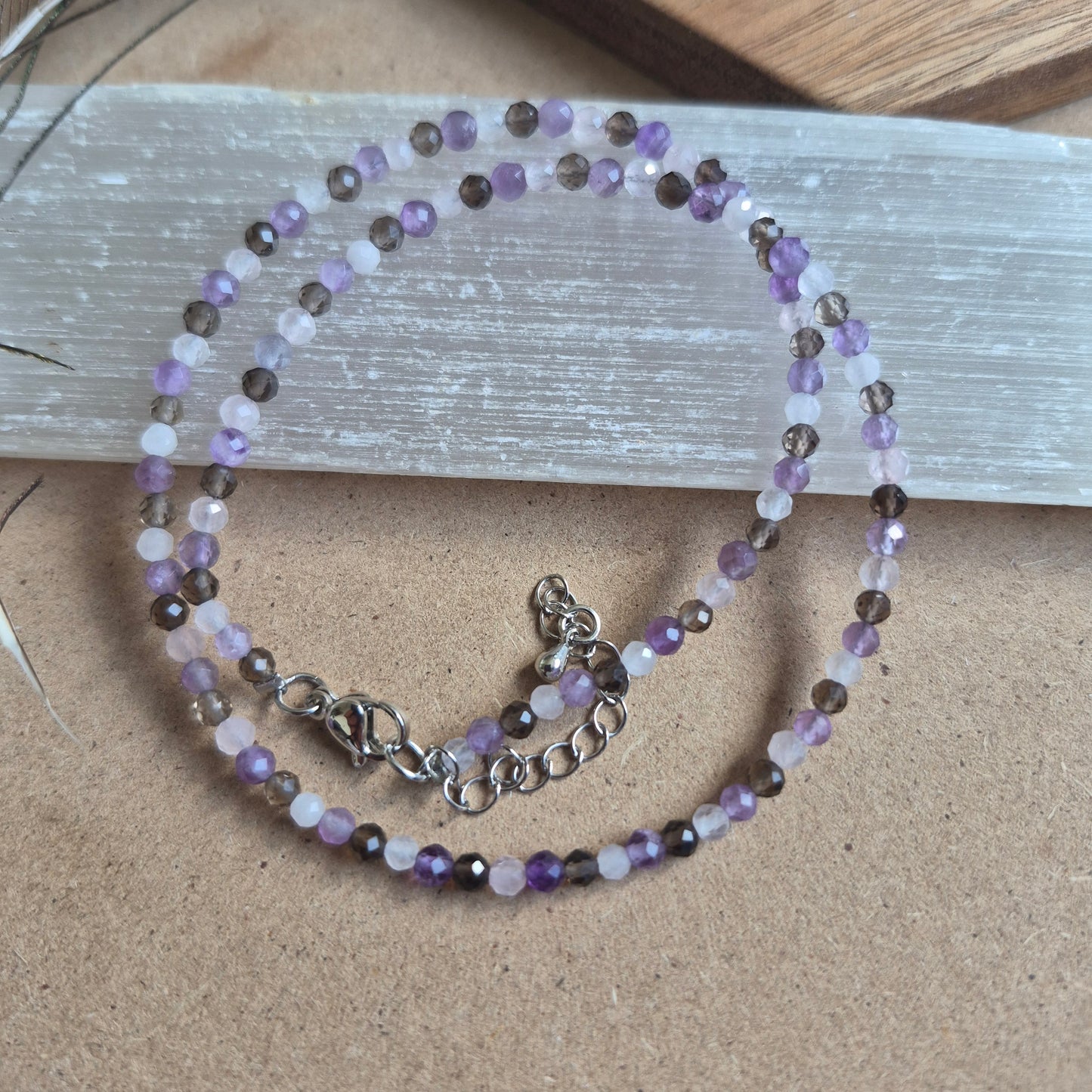 Stress and Anxiety choker or bracelet 3mm faceted beads rose quartz smoky quartz and amethyst
