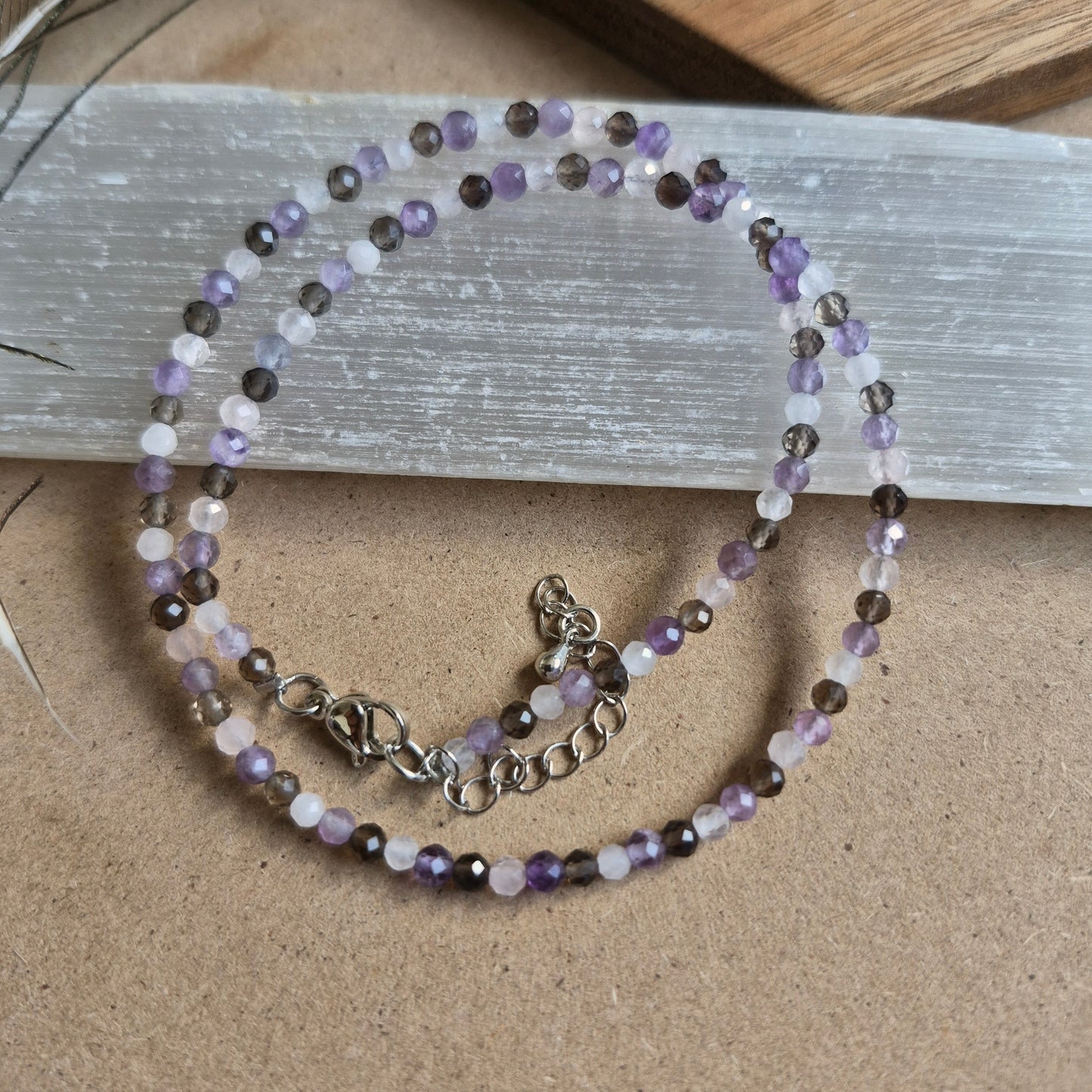 Stress and Anxiety choker or bracelet 3mm faceted beads rose quartz smoky quartz and amethyst