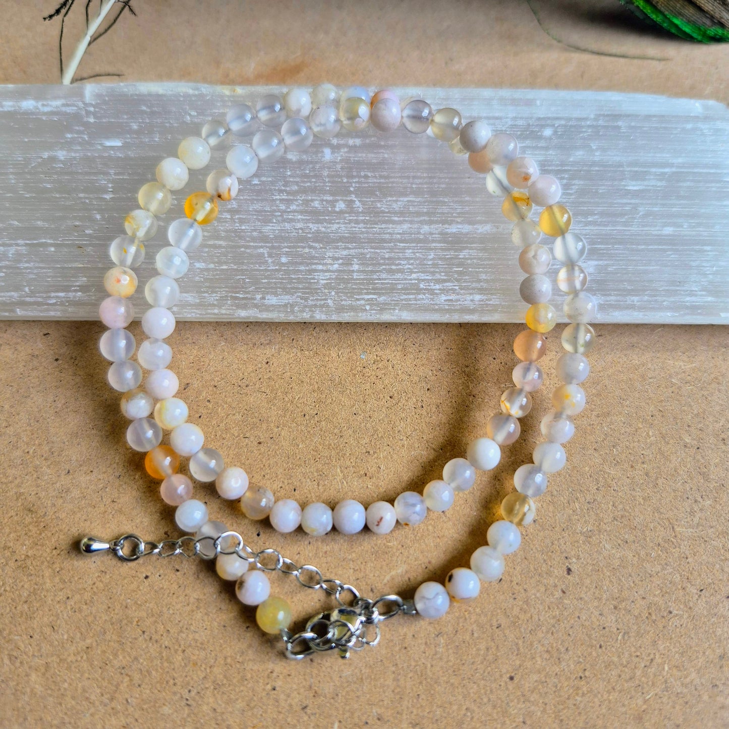 Flower Agate 4mm Bead Choker Necklace