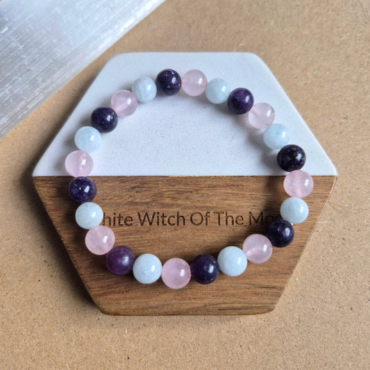 Rose Quartz aquamarine and lavender amethyst Bracelet crystal healing natural stone heart stretch stacking women's jewellery