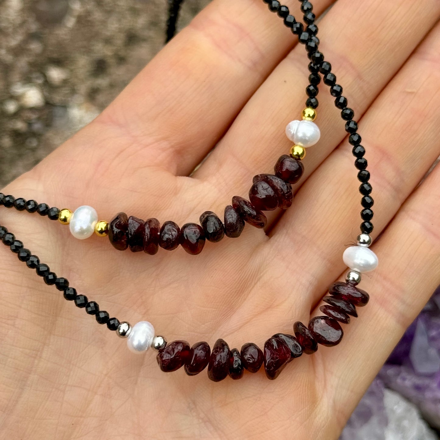 Black Tourmaline and Red Garnet Choker Necklace