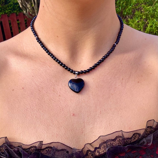 Black Obsidian Heart Charm Choker Necklace 🖤