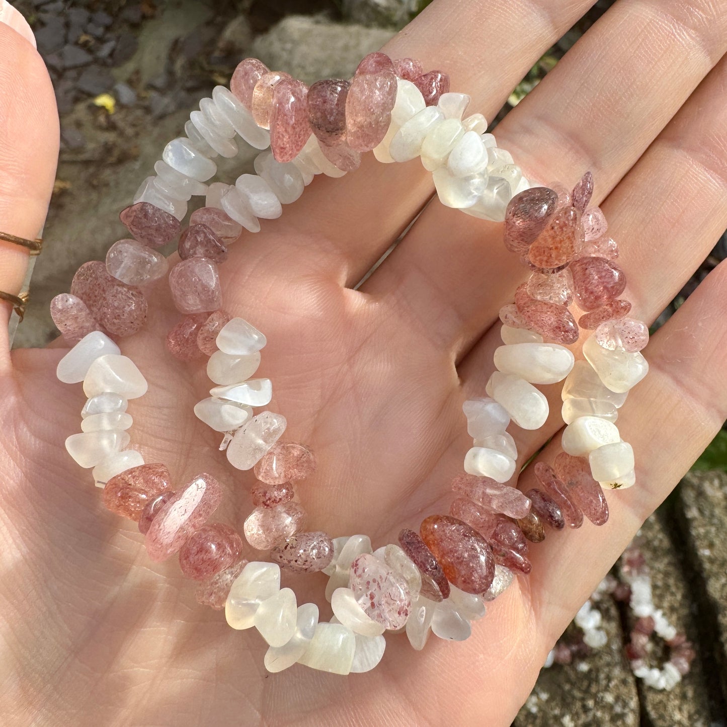 Strawberry Quartz and Moonstone Chip Bracelet