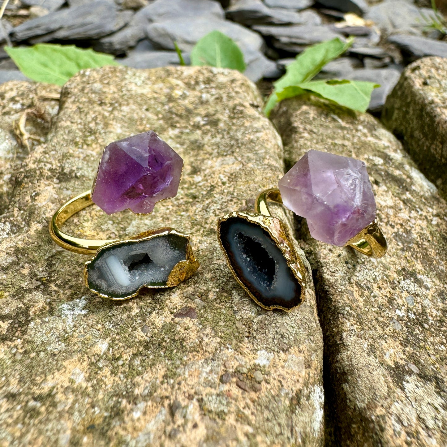 Amethyst and Druzy Agate Adjustable Ring