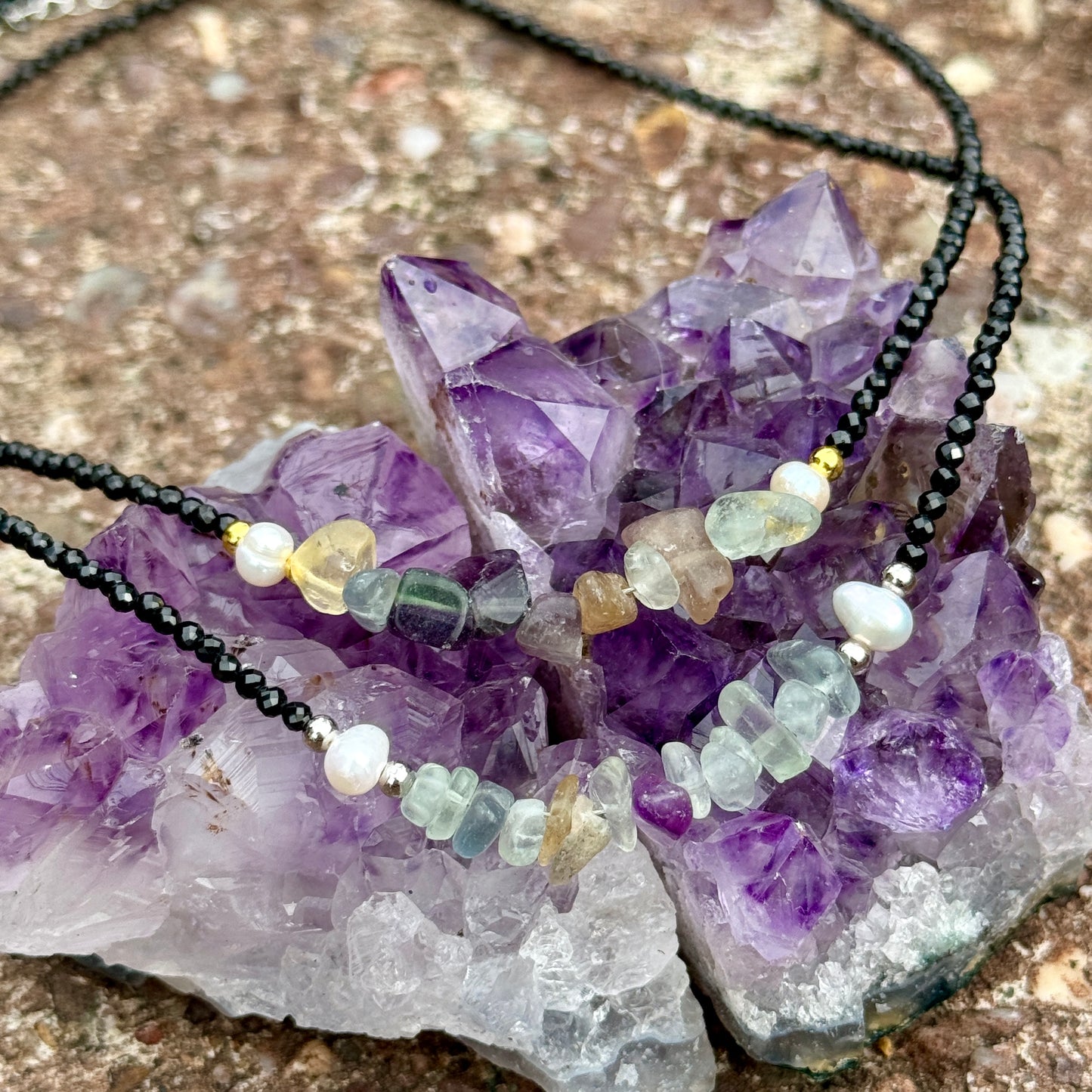 Black Tourmaline and Rainbow Fluorite Choker Necklace