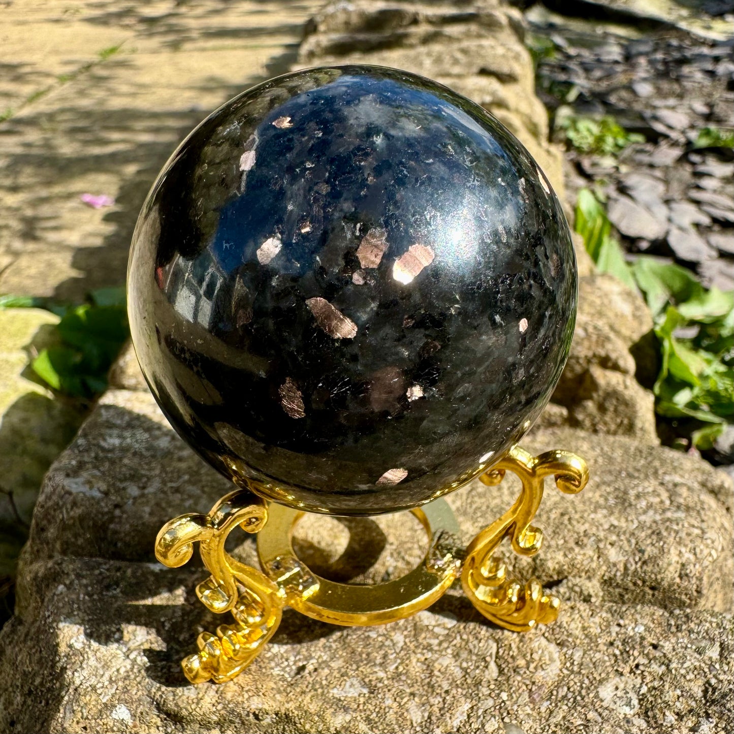 Coppernite (Indian Nuummite) 50mm Spheres With Gold Stand