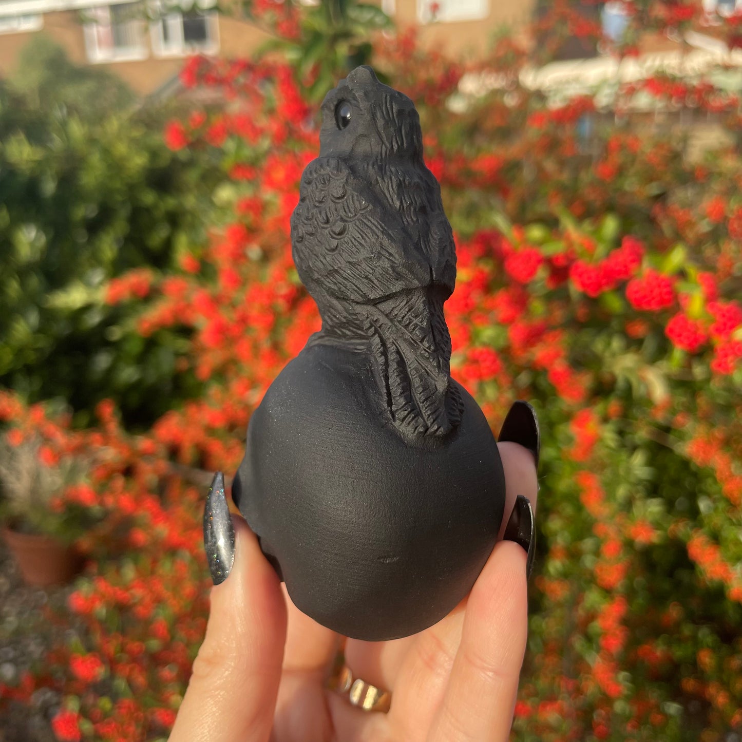 Black Obsidian Skull with Owl Ornament 🦉🖤💀