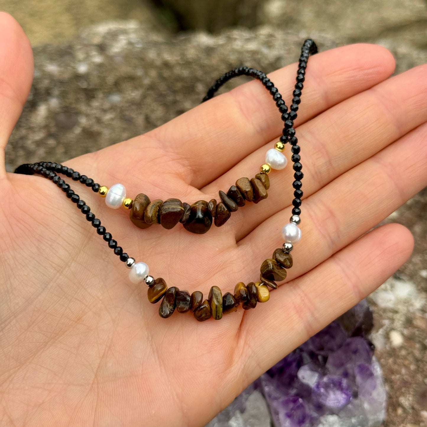 Black Tourmaline and Tigers Eye Choker Necklace
